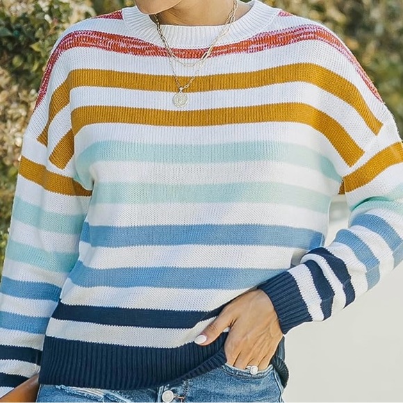 Sweaters - Long Sleeve Crew Neck Striped Color Block Knitted Pullover Sweater
